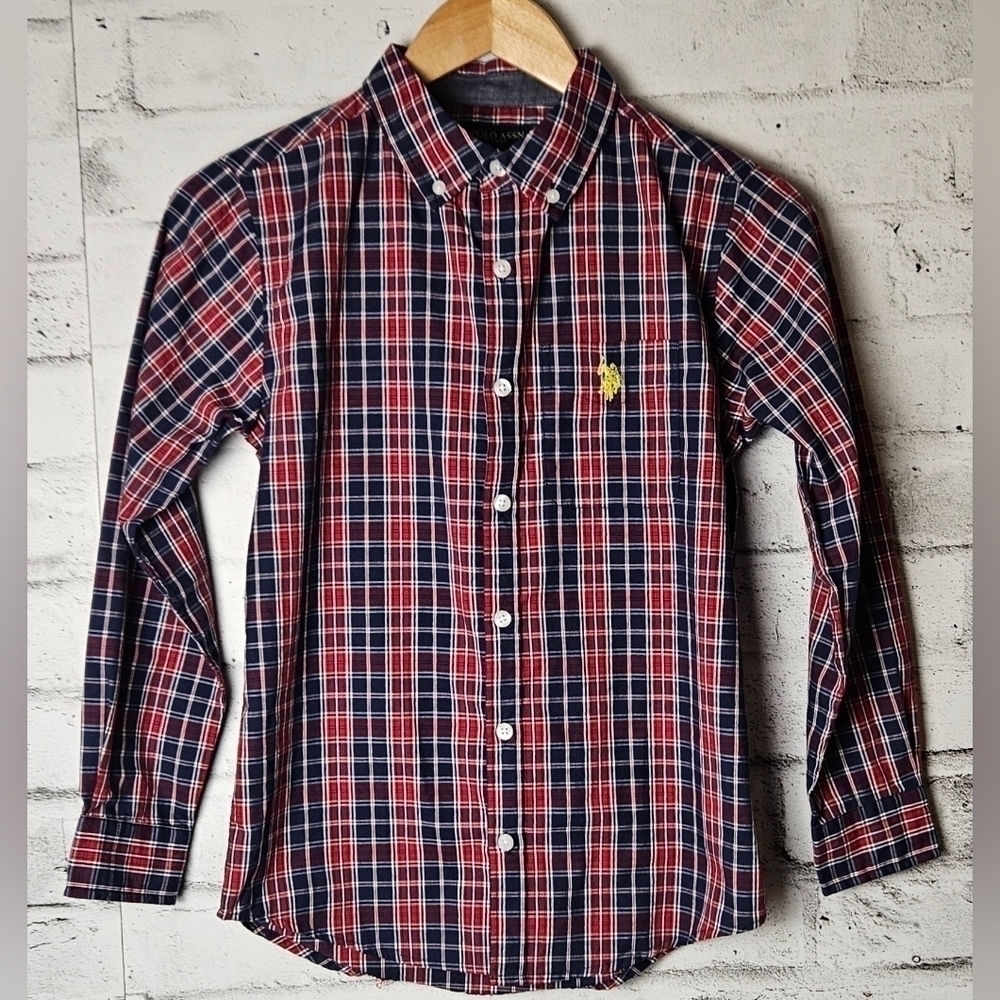 U.S. Polo Assn Boys Plaid Button Down Shirt Red Blue Size Medium